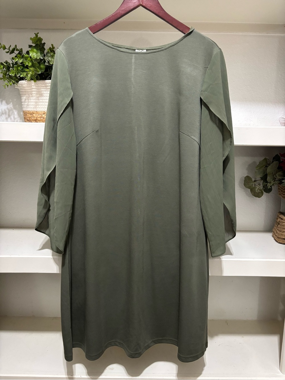 Olive Green Women’s Shift Dress with Split Sleeve